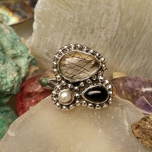 Onyx Pearl Rutile Quartz Ring Sterling Silver NEW